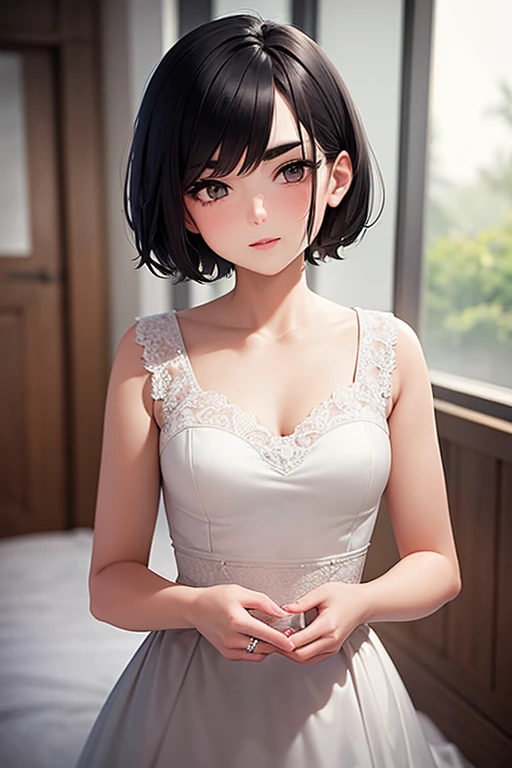 childhood friend,Short Hair,Black Hair,Thick eyebrows,Single,{masterpiece},{high quality},{Super detailed},{Perfect Face},Wedding dress,Putting on a ring