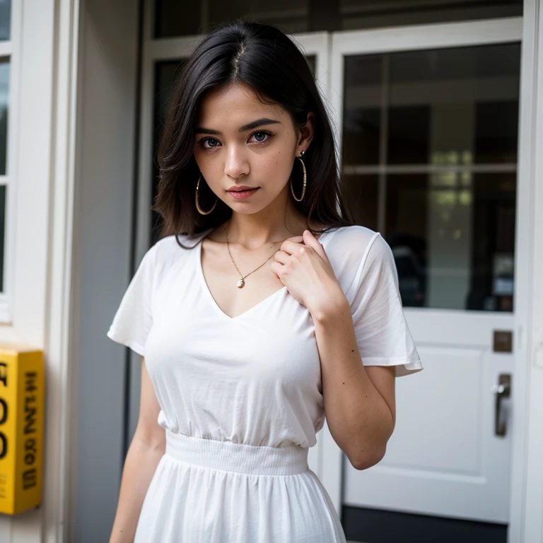 1 woman, black hair, blue pupils, delicate face, cute, love earrings, white dress, standing at the door of the police station, playful, ultra hd, masterpiece, best quality, super detail, ccurate