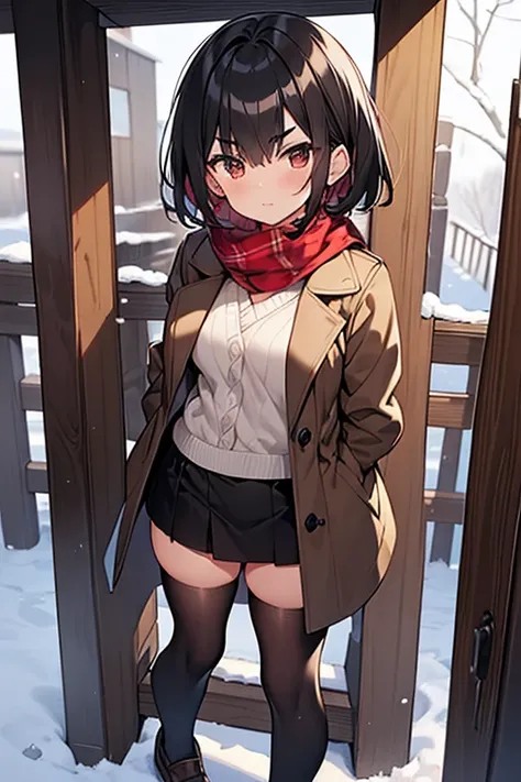 childhood friend,Short Hair,Black Hair,Thick eyebrows,Single,{masterpiece},{high quality},{Super detailed},{Perfect Face},Brown coat,Red scarf,White shirt,Black hot pants,Black tights,Brown leather shoes,Arms folded behind back,shrine,winter,New Year