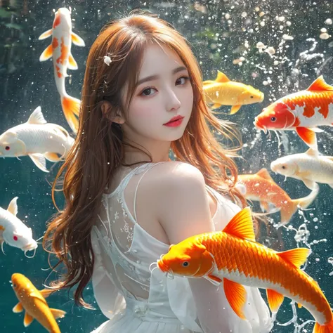 Fishtail cat in the sea，Big koi，Lots of koi，Koi fish of different colors and styles、Four white koi，Polka dot five color koi、Orange Gold Koi、Red and white koi、Minghai light yellow koi