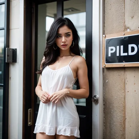 1 woman, black hair, blue pupils, delicate face, cute, love earrings, white sheer sundress, standing at the door of the police station, playful, ultra hd, masterpiece, best quality, super detail, accurate