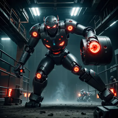 a huge intimidating brawler robot with oversized scary fists, evil color scheme, red glowing eyes, boxing a small timid robot, brutal destruction, robot brawl, in an arena, dark moody lighting, cinematic angle, highly detailed, intricate mechanical design,...