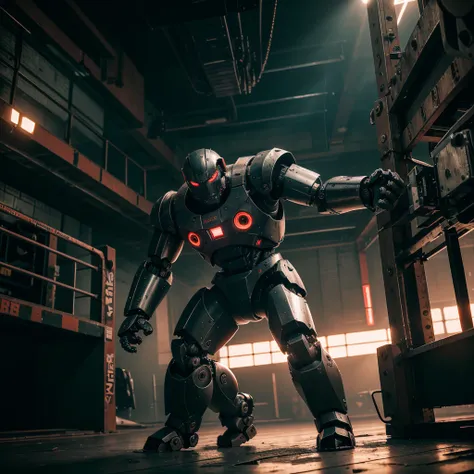 a huge intimidating brawler robot with oversized scary fists, evil color scheme, red glowing eyes, boxing a small timid robot, brutal destruction, robot brawl, in an arena, dark moody lighting, cinematic angle, highly detailed, intricate mechanical design,...