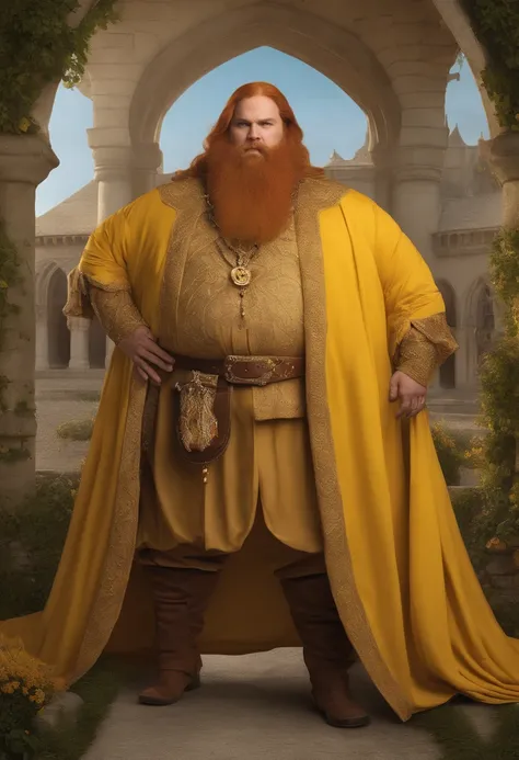 Man, 45, morbidly obese, small eyes, fat cheeks, huge belly, a forked yellow beard, crooked yellow teeth., long blond hear,. ge wears an elaborate yellow medieval dress which covers his body. He wears jewelry and has rings on his finger. Background: a medi...