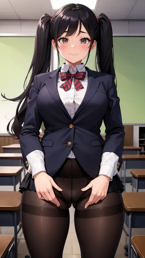 One girl, Five Fingers, mini skirt, Looking down at the viewer, Twin tails, highest quality, Focus on the thighs, Dynamic pose, smile, blazer, blouse, Black Pantyhose, panties under pantyhose, Standing Split, classroom, Black Hair, Stylish pose,Thick thigh...