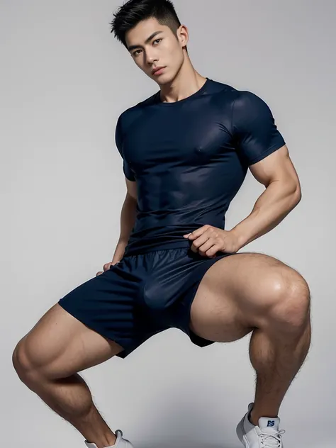 1 Handsome  naked Japanese guy ，Sexy pose, A 20 year-old man wearing a Bare chest shirt and Excellent shorts stands against a white background, navy blue, navy blue, Sports T-shirt, blue, Excellent Sportswear, Gorgeous and sexy clothes, Sportswear, Short s...