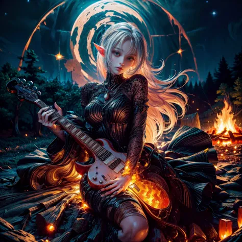 A beautiful 24-year-old elf girl, playing an electric guitar. She has a cute face and is dressed in a stylish, cool dress. The scene is set in a dark forest at night, with a clear view of the night sky. A campfire burns nearby, casting a warm glow around.