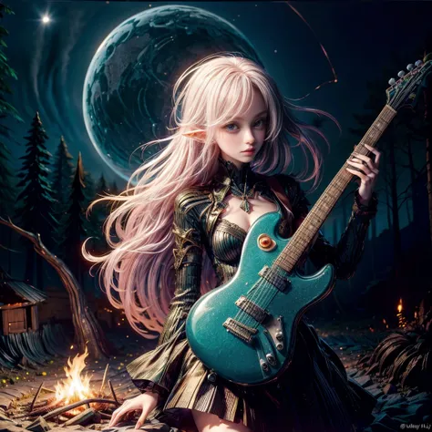 a beautiful 24-year-old elf girl, playing an electric guitar. she has a cute face and is dressed in a stylish, cool dress. the s...