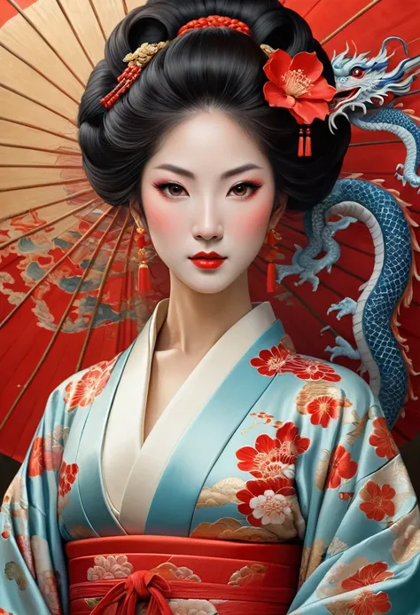 una mujer con un vestido kimono y una flor roja en el pelo, diosa japonesa, Japanese art style, hermosa mujer pulpo, Geisha de belleza, reina del mar mu yanling, por Yang J., The portrait of the dragon girl, germen de arte de tendencia, Japanese art, mujer...