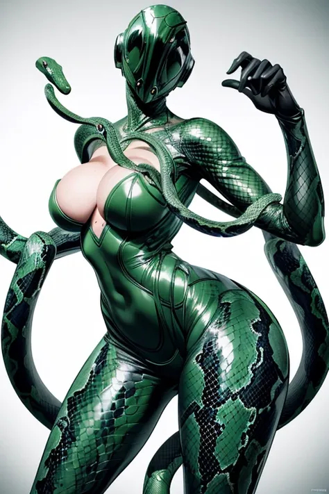 A beautiful girl who merged with a snake. (high quality) （Black and green image color）. tits(Ample breasts,Sexy cleavage,Wide open chest)Tight-fitting bodysuit. Whip whip lower body,cyber style. Circuit pattern. Biological Armor. Biological Helmet. Eye mas...