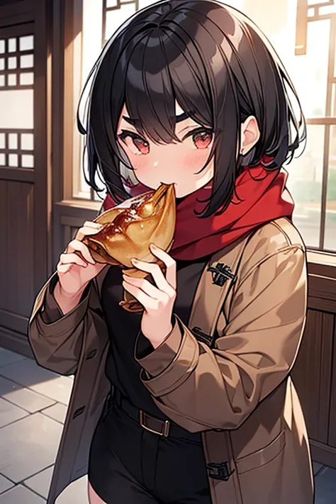 childhood friend,Short Hair,Black Hair,Thick eyebrows,Single,{masterpiece},{high quality},{Super detailed},{Perfect Face},Brown coat,Red scarf,White shirt,Black hot pants,Black tights,Brown leather shoes,Upper Body,Eating Chinese food,Chinese Restaurant