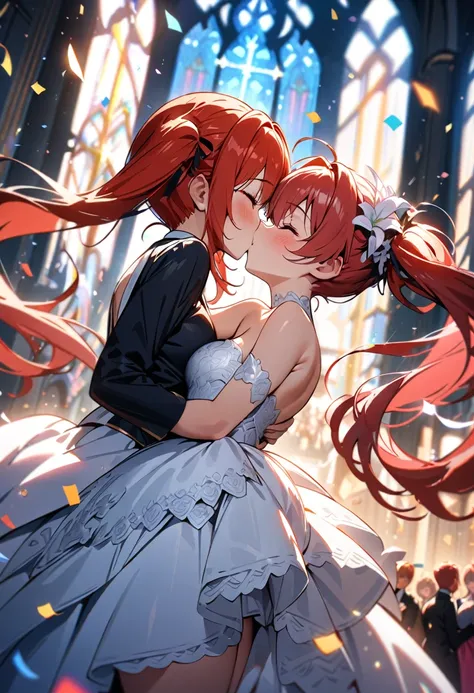 a high quality, high definition, highly detailed two lily girls kissing, red haired twin tailed robot girls with red eyes, one wearing a gorgeous white wedding dress, one wearing a white tuxedo, audience watching, eyes closed, lots of confetti dancing, cha...