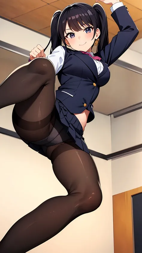 One girl, Five Fingers, mini skirt, Looking down at the viewer, Twin tails, highest quality, Focus on the thighs, Dynamic pose, smile, blazer, blouse, Black Pantyhose, panties under pantyhose, Standing Split, classroom, Black Hair, Stylish pose,Thick thigh...