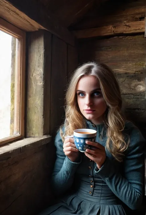 A picture of an enigmatic female figure in a bothy, sitting on a nook with a cup of hot tea, looking at viewer with a mysterious eyes, awkward encounter, photo realistic style, detailed face, perfect eyes