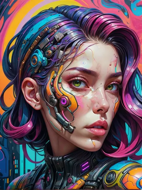 realistic, psychedelic works full of gorgeous colors, it has rich texture, distortion，attractive facial features，crazy marbled p...