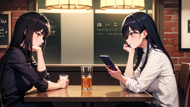 (Woman looking at smartphone)、One woman、Inside a stylish cafe、Anxious look、Woman holding a smartphone