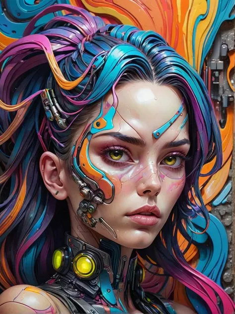 realistic, psychedelic works full of gorgeous colors, it has rich texture, distortion，attractive facial features，crazy marbled p...