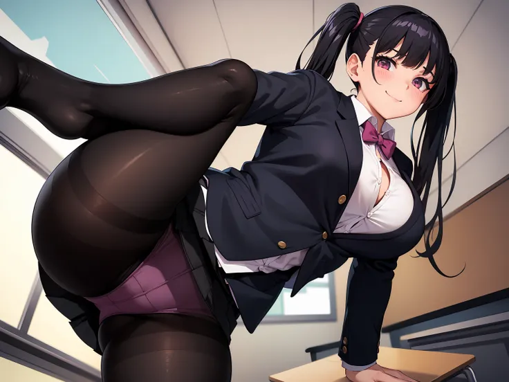 One girl, Five Fingers, mini skirt, Looking down at the viewer, Twin tails, highest quality, Focus on the thighs, Dynamic pose, smile, blazer, blouse, Black Pantyhose, panties under pantyhose, Standing Split, classroom, Black Hair, Stylish pose,Thick thigh...