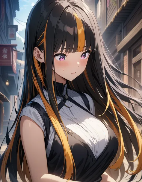 masterpiece, best quality, very aesthetic, absurdres, anime artwork, beautiful artwork, super fine illustration, hyper detailed, 1girl, beautiful face, tsurime, blunt bangs, flowing, black hair, ((highlights hair, multicolored hair)), long hair, straight h...