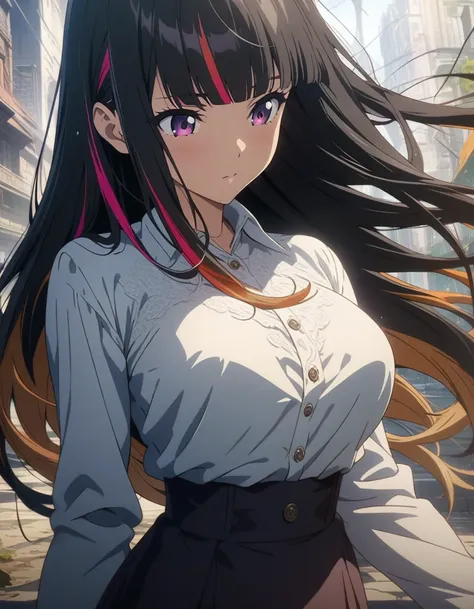 masterpiece, best quality, very aesthetic, absurdres, anime artwork, beautiful artwork, super fine illustration, hyper detailed, 1girl, beautiful face, tsurime, blunt bangs, flowing, black hair, ((highlights hair, multicolored hair)), long hair, straight h...