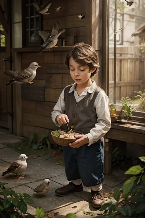 Illustration for a fairy tale where a boy feeds the birds 