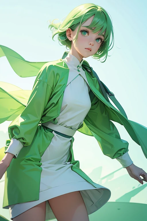 Girl in Green and White Pastel Dreamlike Whimsy Cool Futuristic Minimalism