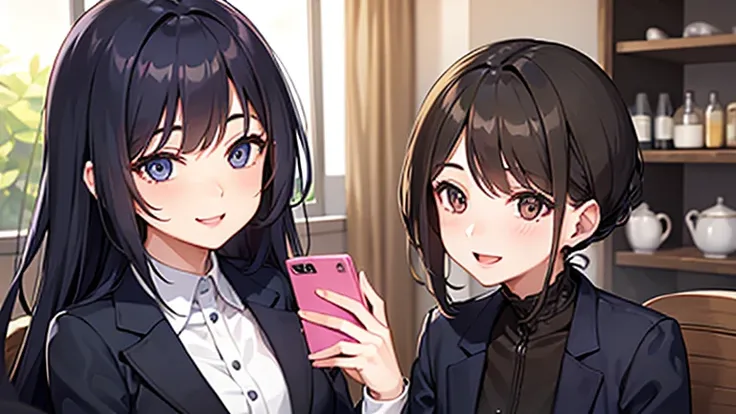 (Woman looking at smartphone)、One woman、Inside a stylish cafe、Charming smile、Woman holding a smartphone、Small breasts、(A big smile)、Bright expression、Woman in a suit