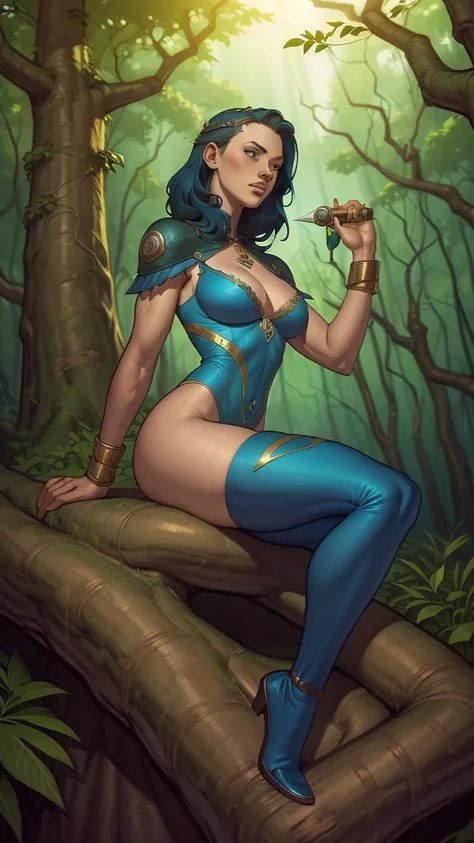 a woman in jungle clothing is sitting on a tree branch, zenoscope, J. Scott Campbell, J.. Scott Campbell, queen of the J.ungle, gorgeous J.ungle ranger, mulher das cavernas, inspirado em Mark Brooks, karol bak uhd, J.ames edmiston, estilo ivan talavera e a...