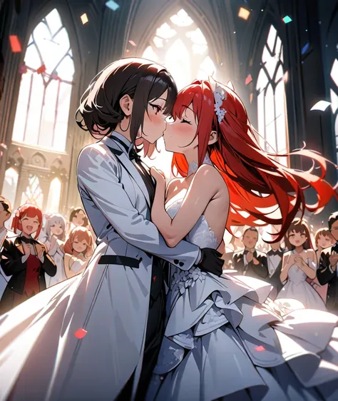 a high quality, high definition, highly detailed two lily girls kissing, red haired twin tailed robot girls with red eyes, one wearing a gorgeous white wedding dress, one wearing a white tuxedo, audience watching, eyes closed, lots of confetti dancing, cha...