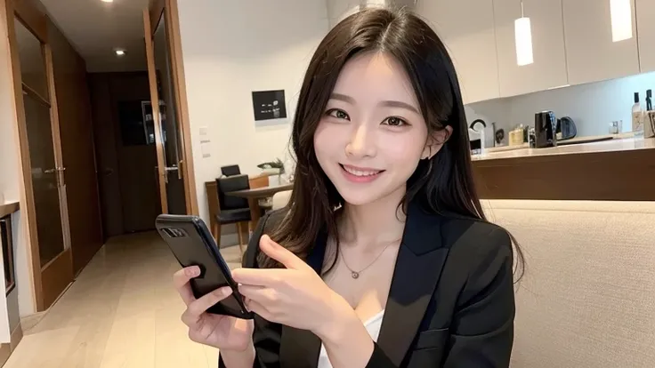 (Woman looking at smartphone)、One woman、Inside a stylish cafe、Charming smile、Woman holding a smartphone、Small breasts、(A big smile)、Bright expression、Woman in a suit