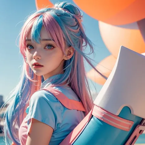 Girl with Pink and Blue hair in Orange and White Pastel Dreamlike Whimsy Cool Futuristic Minimalism