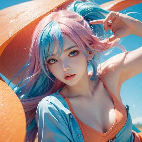 Girl with Pink and Blue hair in Orange and White Pastel Dreamlike Whimsy Cool Futuristic Minimalism