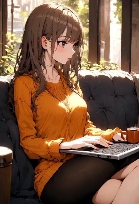 beautiful girl dressed casually but sexy with a laptop and a coffee