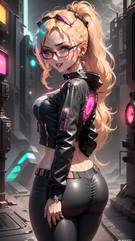 solo, female character, cyberpunk, cyberpunk glasses, futuristic led glasses, cyberpunk city, neon colors, evil laugh, cyborg pa...