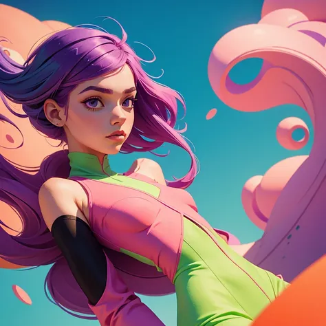 Girl with Pink and Purple hair in Orange and Green Pastel Dreamlike Whimsy Cool Futuristic Minimalism