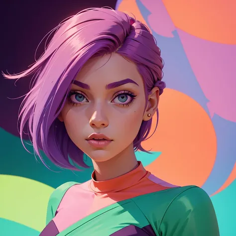 Girl with Pink and Purple hair in Orange and Green Pastel Dreamlike Whimsy Cool Futuristic Minimalism