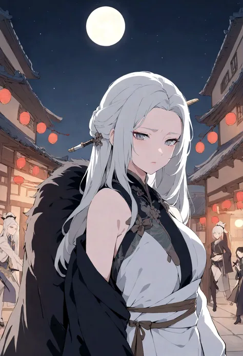 masterpiece, the best, night, Full Moon, 1 female, Mature woman, Chinese, ancient China, elder sister, Royal sisters, Cold Face, Poker face, Silver-white hair woman, Light pink lips, calm, Intellectuals, Triple hit, Gray pupil, assassin, Long Sword, swords...