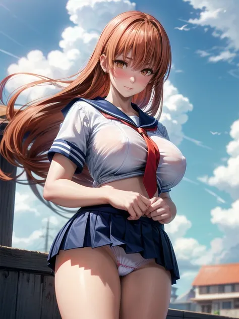 nsfw, (highly detailed beautiful face and eyes:1.2), 1girl, solo, huge breasts, (lift shirt, show off breasts), (orange hair:1.1), (long straight hair), (orange eyes:1.2), (sailor school uniform), ((red tie)), (navy blue pleated mini skirt:1.3), from below...