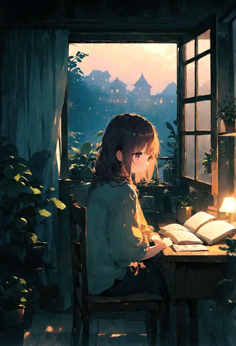 Night Room、A girl sitting at a desk reading a book alone(I haven&#39;t touched the book)、Hair is stiff、Houseplants in the room、The moonlight is shining through the window、The outside view is natural、You can see the hut in the distance