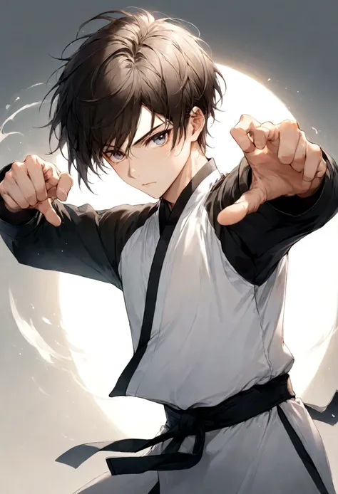 Male high school student good at martial arts, rim light, kung fu pose, cartoon form, ordinary hairstyle,