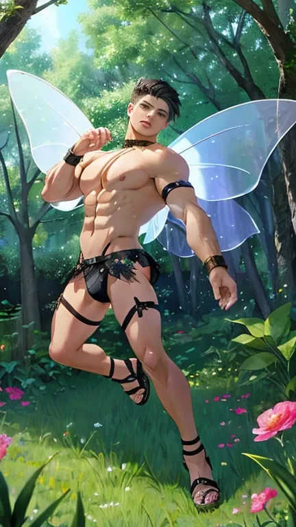 Ruslan Angelo as a fairy guy, Ideal body, aesthetically pleasing, beautiful, erotic, fluttering over the grass, collecting flowers in a fairy forest, hip miniskirt, thong, transparent wings, sandals, armlets made of plants, Dynamic pose, fantasy , in Valeg...