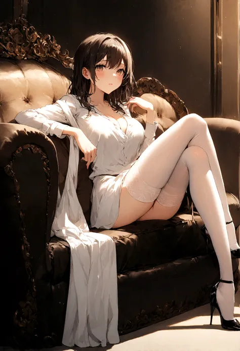 one-girl,Sit on a comfortable sofa,Cross ed leg,Soft light，wearing silk stockings，Wear a shirt ，Wear high heels，