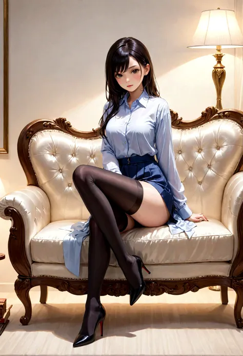 one-girl,Sit on a comfortable sofa,Cross ed leg,Soft light，wearing silk stockings，Wear a shirt ，Wear high heels，