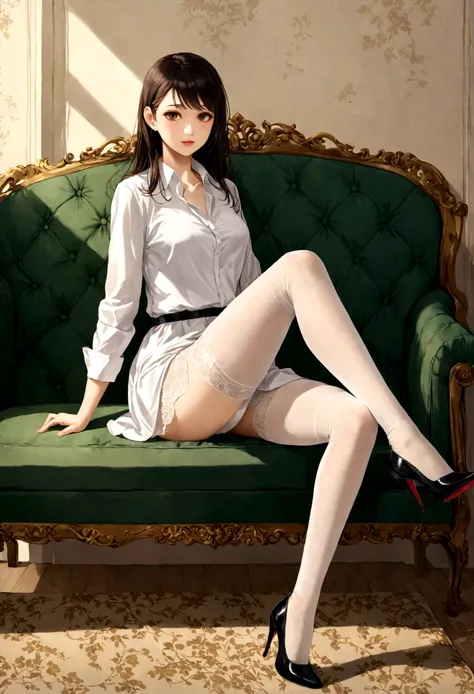 one-girl,Sit on a comfortable sofa,Cross ed leg,Soft light，wearing silk stockings，Wear a shirt ，Wear high heels，