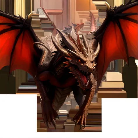 Close-up of a dragon with red wings and a black body, A drug, Dragon flying in the background, Set against the backdrop of a dragon, Dragon in the background, smaug, Dragon-centric, There is a huge dragon in the background, With wings. Extremely detailed, ...