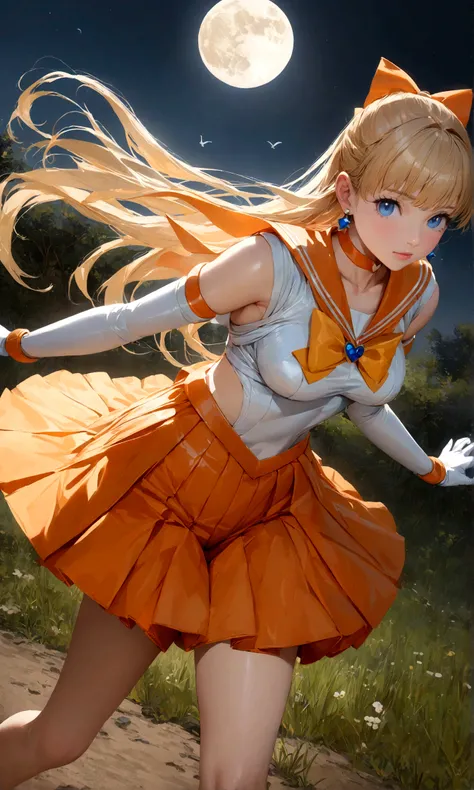 anime girl that is dressed up in sailor costume in the dark, 1girl, sailor senshi uniform, gloves, long hair, skirt, orange choker, solo, moon, blue eyes, blonde hair, sailor venus, bow, night, white gloves, magical girl, elbow gloves, choker, full moon, s...