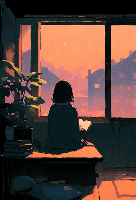 Night Room、A girl sitting at a desk reading a book alone(I haven&#39;t touched the book)、Hair is stiff、Houseplants in the room、The moonlight is shining through the window、From the window you can see a hut in the distance、The aspect ratio is 9：16