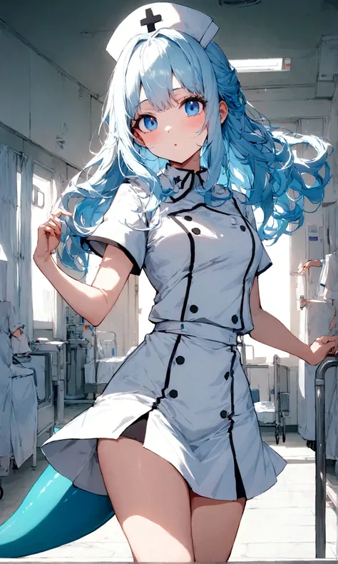 white_nurse_uniform,white_nurse_skirts,zettai_ryoiki,hospital,beautiful_hair,shark_tooth,shark_tail,light_blue_eyes,1_beautiful_girl,cute_face,beautiful_face,best_quality,good_anatomy,beautiful