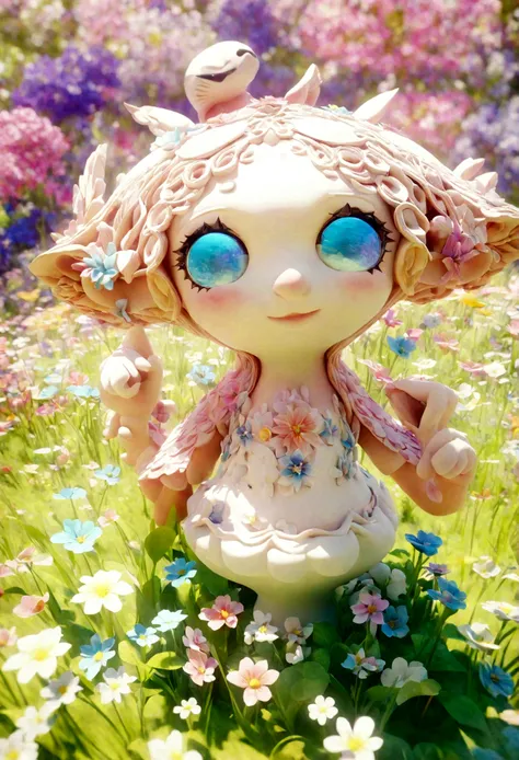 Flowers grew out of a white computer, surrounded by flowers and grass in the style of cinema4d rendering and in the style of clay sculpture, kawaii aesthetic, spring garden, bright colors, with a dreamy atmosphere, blooming colors in bright daylight, virtu...