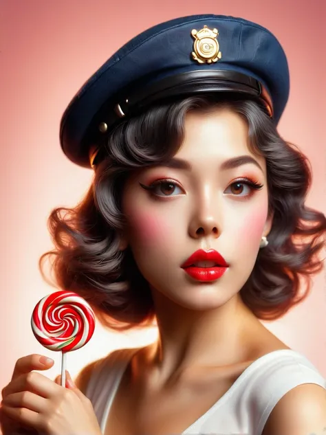 portrait，close up，A young Hispanic woman dressed in pin-up style clothing，Wear a beret on the head，Standing in the foreground with a lollipop in hand。Photos should be warm、Soft lighting captures the essence of women，Inspired by photographs by artists befor...